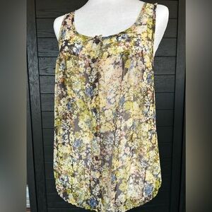 **LILY WHITE** Floral Sheer Tank Top, W/ Draw/Tie Bottom, Faux Button Front, Med